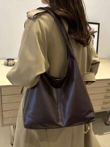 复古大容量纯色女士单肩包，多功能斜挎包，女士单肩手提包，大容量斜挎手提包，休闲工作包 - 咖啡 - 查看 10