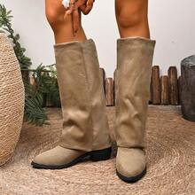 Women's Pointed Toe Thick Heel Shaft Boots, Vintage Over The Knee Mid-Calf Boots, Solid Color Riding Boots For Autumn/Winter