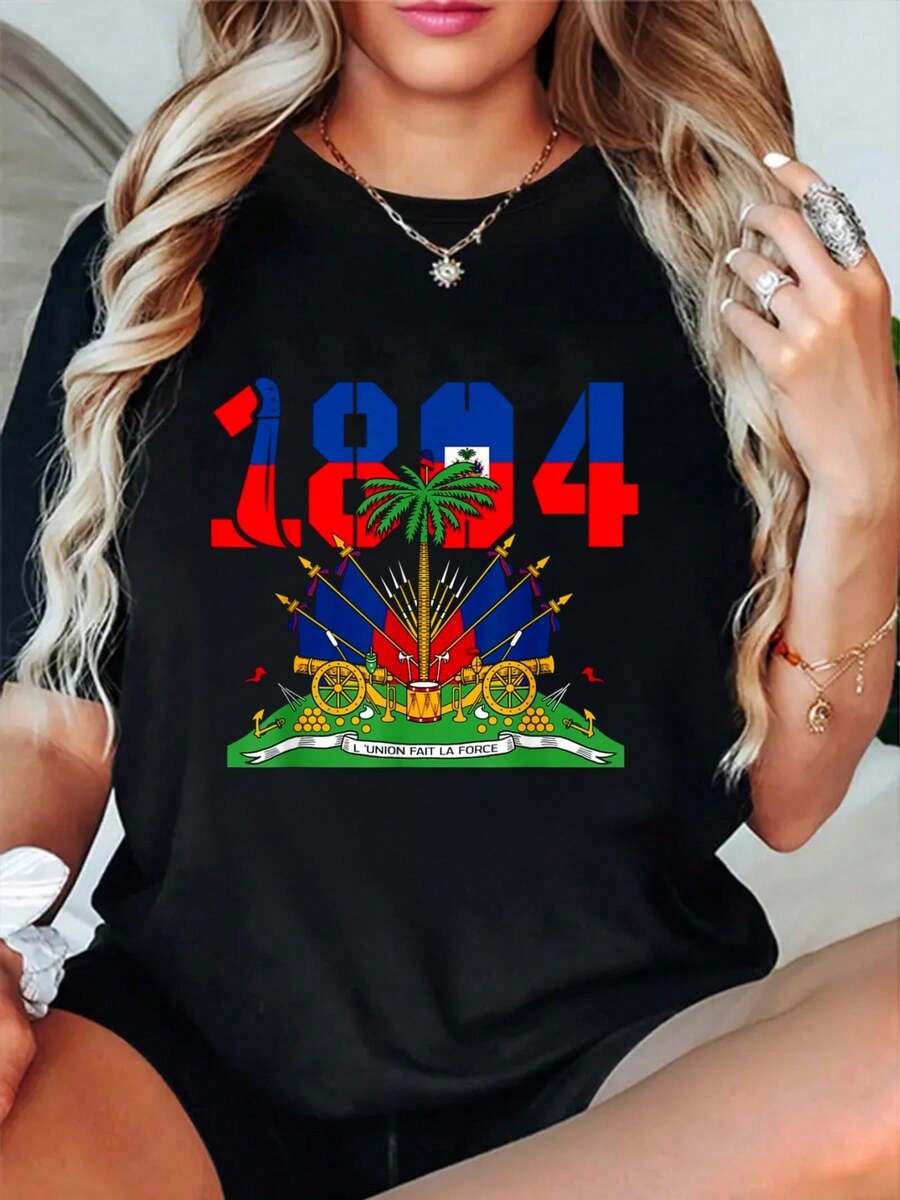 100% Cotton Haitian Revolution 1804 Flag Day T-Shirt Women's Men's Summer Comfort Soft Crew Neck Tee Tops - 黑色 - 查看 1