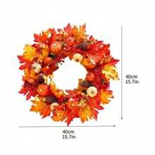 1Pc Autumn Door Wreath Christmas Halloween Decoration Pumpkin Berry Pine Cone Maple Artificial Wreath Cloth Rattan Material Home Decoration