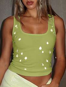 Women's Rhinestone Decor Rib Knitted Cropped Tank Top, Sexy Fitted Camisole Casual Summer - Green - View 5