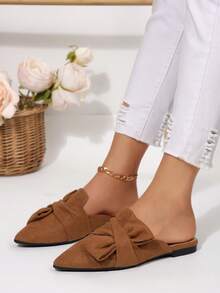 Giày Mule mũi nhọn màu nâu thu 2025 có trang trí nơ, giày lười cho nữ, giày bệt hở lưng thanh lịch, đa năng, thường ngày cho mùa xuân/hè - màu nâu - Xem 2