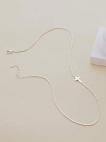 1pc Adjustable Silver Necklace With Cross Pendant, Elegant Design Suitable For Women's Daily Wear - Silver - View 2