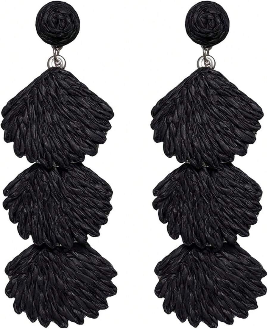 Raffia Dangle Earrings Women - Boho Statement Rattan Drop Jewelry With Design, Lightweight Summer Beach Accessories - Black - View 1
