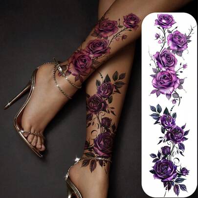 2pcs Sexy Purple Flower Temporary Tattoos, Realistic Waterproof Fake Tattoo Stickers For Women, Body Art Decals For Arm, Leg, Chest