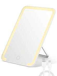 Portable Foldable Mirror 8x5 Inch, Multi-Position Stand & Hanging Hole, Compact Travel Essential White - White-lighted - View 1