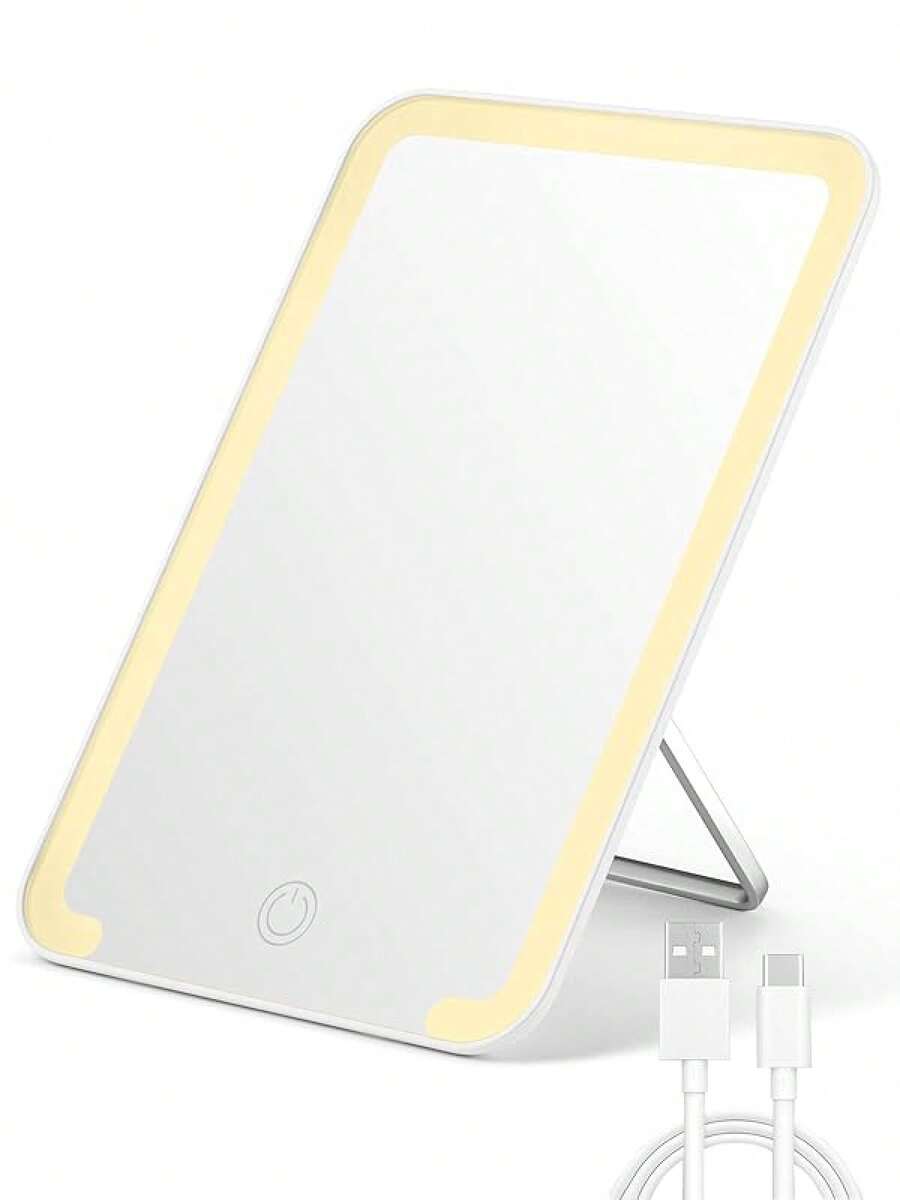 Portable Foldable Mirror 8x5 Inch, Multi-Position Stand & Hanging Hole, Compact Travel Essential White - White-lighted - View 1
