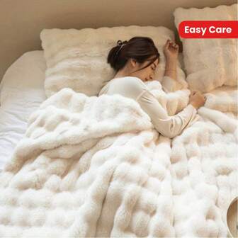 Luxury Soft White Faux Fur Blanket - Double-Sided Comfy Bubble Plush Throw Blanket, Easy Care Machine Washable, For Sofa, Couch Or Bedroom Decor