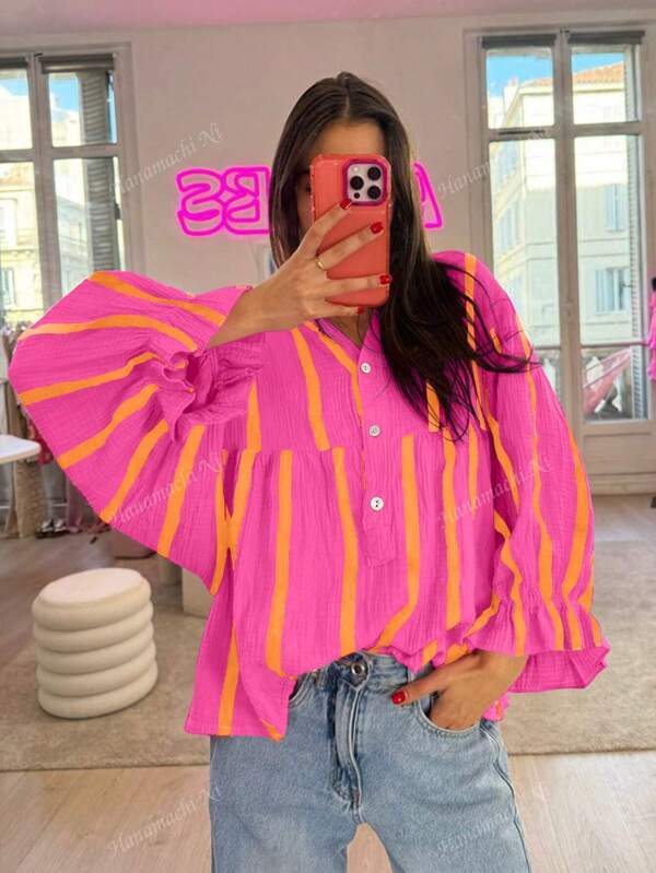 Women's Striped Loose Blouse, Elegant Shirt Tops With Large Flared Sleeves, Ruffle Trim, Suitable For Commute, Daily Wear, Valentine's Day, Spring/Summer