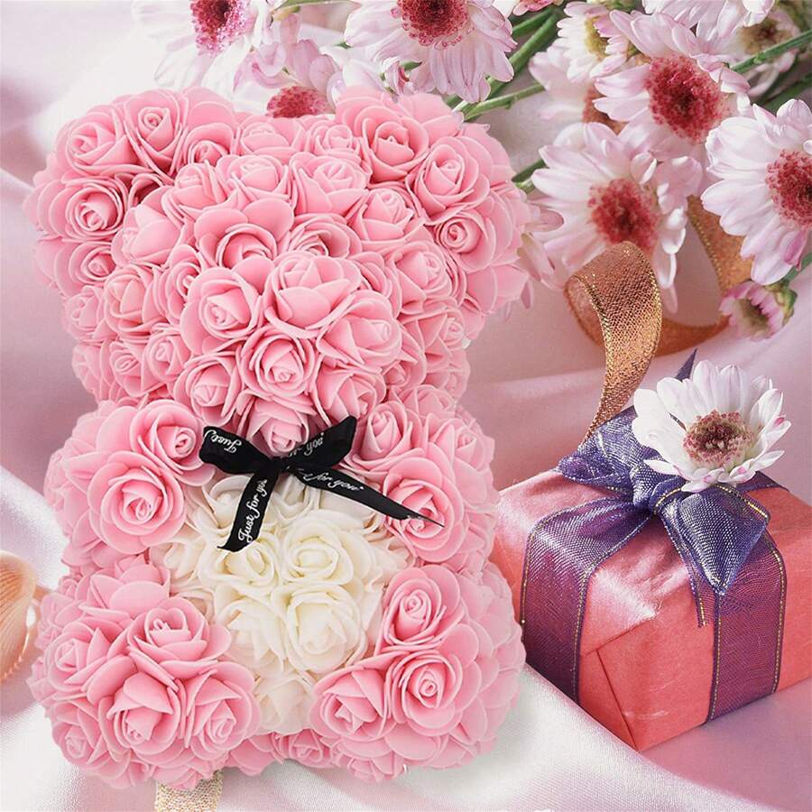 Rose Bear With Transparent Box Presents For Mom Hand Made Flower With Ribbon Boxes For Valentine's Day