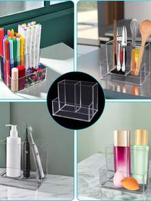 3-Compartment Transparent Acrylic Makeup Organizer, Brush Holder, Lipstick & Skincare Display Rack, Pen Holder, Suitable For Vanity, Office Desk, Small Acrylic Pen Cup, Makeup Brush Holder - Multicolor - View 7