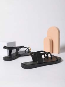 Pearl Embellished Glossy 2025 Comfortable Thick-Sole Women's Flat Shoes, Soft & Flexible, New Style Square Toe Slip-On Mules, Elegant Buckle Detail, Monochrome Sandals, Suitable For Dates, Traveling, All Seasons, Hiking - Black - View 5