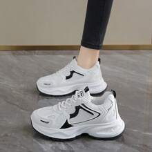 女士厚底增高运动鞋，ins风，修身防滑，轻便透气网眼休闲跑步鞋，春秋季 - 黑色 - 查看 4