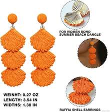 Raffia Dangle Earrings Women - Boho Statement Rattan Drop Jewelry With Design, Lightweight Summer Beach Accessories - Orange - View 4
