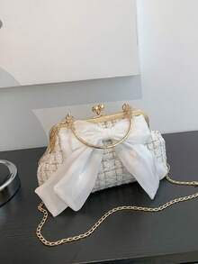 2025年新款链条亮片装饰晚宴包，时尚明星款手拿包、单肩包、斜挎包，纯色 - 白色 - 查看 5