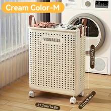 Large & Medium Foldable Ceramic White Laundry Baskets - Pu Leather, Hand Washable, Solid Color, Multi-Functional Portable Dirty Clothes Hamper With Wheels For Bathroom & Balcony Storage - 白色 - 查看 5