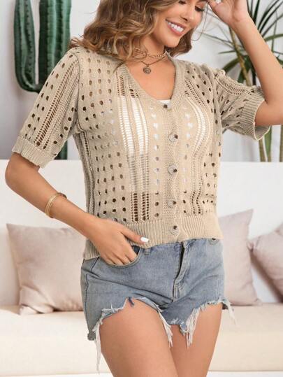 Elegant Plus Size Notched Neck Button Detail Cardigan Semi-Sheer Short Sleeve Regular Length