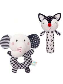 1 Pack Black & White Baby Rattles, Newborn Handcart Toys Soft Elephant & Fox Loop Toys, Hanging Type Infant Toys With High Contrast Black & White Animal Tambourine Music Toys Early Learning Toys For Boys And Girl Aged 0 3 6 12 Months, Gift