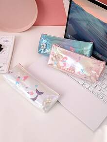 1 件装返校彩色卡通美人鱼印花铅笔盒，可爱女孩文具袋，适合随身携带 - 彩色 - 查看 2