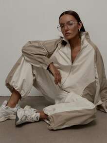2pcs Women's Casual Outdoor Sports Set, Loose Fit Long Sleeve Cardigan And Pants, Loungewear Tracksuit - Apricot - View 2