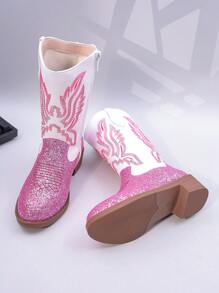 1 Pair Kids Boots, Pink Sequined Embroidered Western Cowboy Boots, Mid-Calf Zipper, Chunky Heel, Suitable For Daily And Holiday Wear