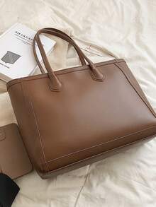 Women's Plain Large Capacity Tote Bag, Suitable For Daily Commute In Autumn/Winter - Brown - View 3