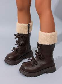 5-18 Years Old Girls' Fashion British Style Vintage Mid-Calf Boots, Thermal Lined V-Neck Warm Winter Boot With Cute Bow, Versatile & Soft, Rubber Sole Outdoor Anti-Slip Wear-Resistant Children Long Tube Boot, 2025 New Brown Matte High Tube Boots