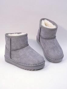 زوج من بوت الثلج المزيفة من الغزال الكلاسيكية للأطفال، لون أحادي، بطانة مبطنة، بوت شتوية دافئة، رأس مستدير قصير، كعب مسطح، طراز كاجوال، مناسبة للطقس البارد