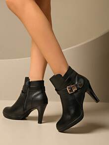 女士欧美风格尖头拉链细高跟踝靴，秋冬时尚高跟靴 - 黑色 - 查看 4