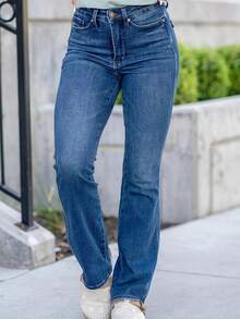 High-Waist Straight-Leg Jeans For Women - Comfortable & Versatile Blue Denim With Button Design, Stretch Fit, Elegant Fairy Style, Perfect For All Seasons Casual Wear - Classic American Denim, Machine Washable - 深色水洗藍 - 查看 1