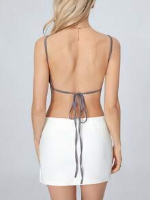 Womens Summer Mini Skinny Sling Vest Solid Color Sleeveless Backless Tie Up Crop Tops Spaghetti Strap Camisoles - Grey - View 9