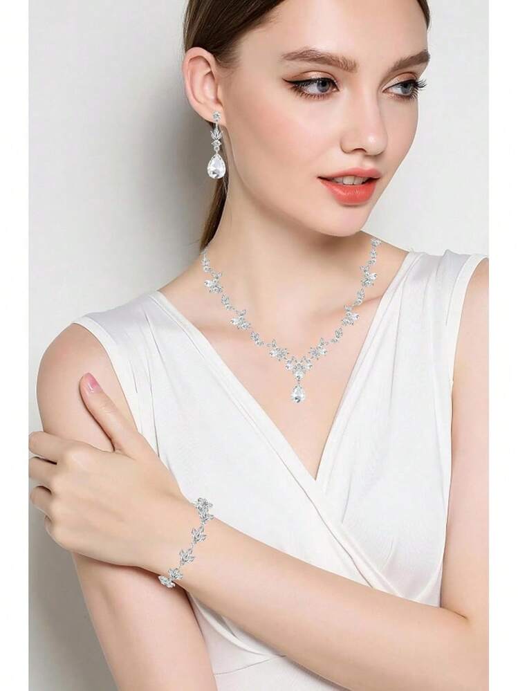 Bridal Wedding Elegant Floral Jewelry Set Women/Brides/Bridesmaids Jewelry Set Wedding Prom Party Bridal Necklace Earrings Bracelet Set - Violet (Silver) - View 9