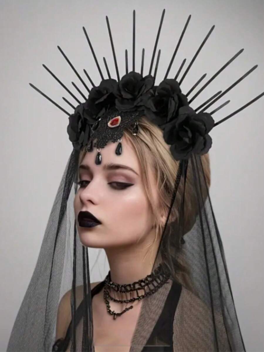 1 件优雅的哥特式黑玫瑰与串珠蕾丝头带 - 波西米亚女神皇冠，复杂的花卉图案和红宝石装饰，适合黑暗僵尸新娘和哥特式配饰万圣节