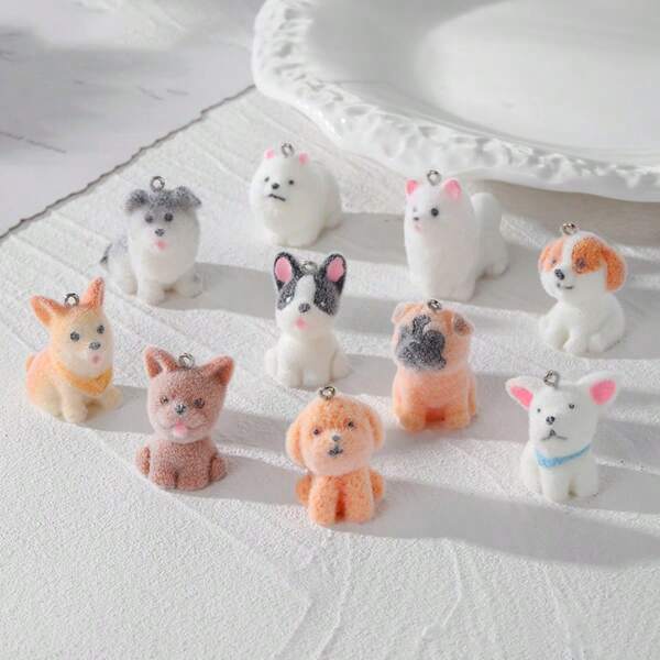 6/12pcs Resin Flock Small Dog Pomeranian Corgi Animal Decor DIY Cute Flocked Pet Earrings Keychain Accessories