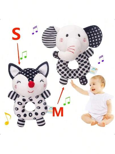 1 件裝黑白嬰兒搖鈴,新生兒手推車玩具柔軟大象和狐狸循環玩具,懸掛式嬰兒玩具高對比度黑白動物手鼓音樂玩具早期教育玩具適合 0 3 6 12 個月男孩和女孩,禮物