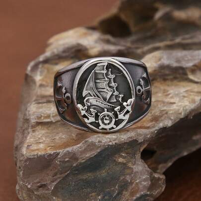 1pc Unique Pirate Ship Design Stainless Steel Ring Jewelry For Men, US Size