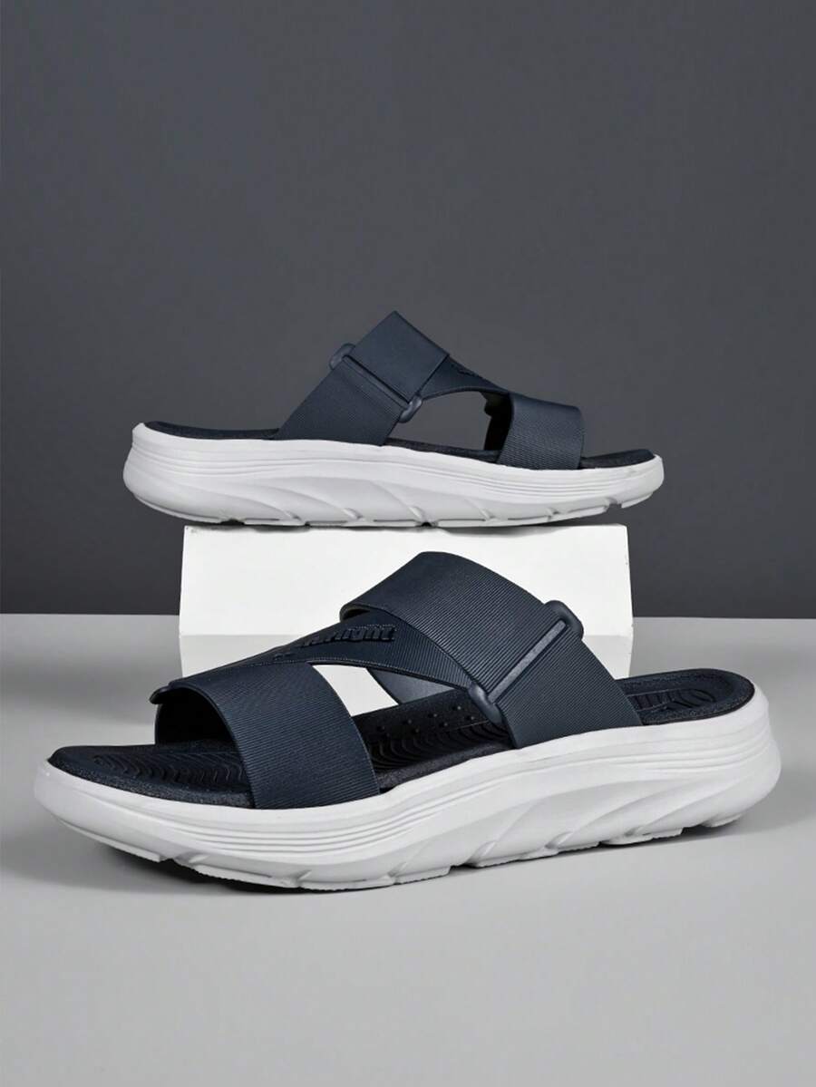 Men's Casual PVC Strap Flat Slippers With Padded Lining, EVA Summer Slides - Blue - View 1