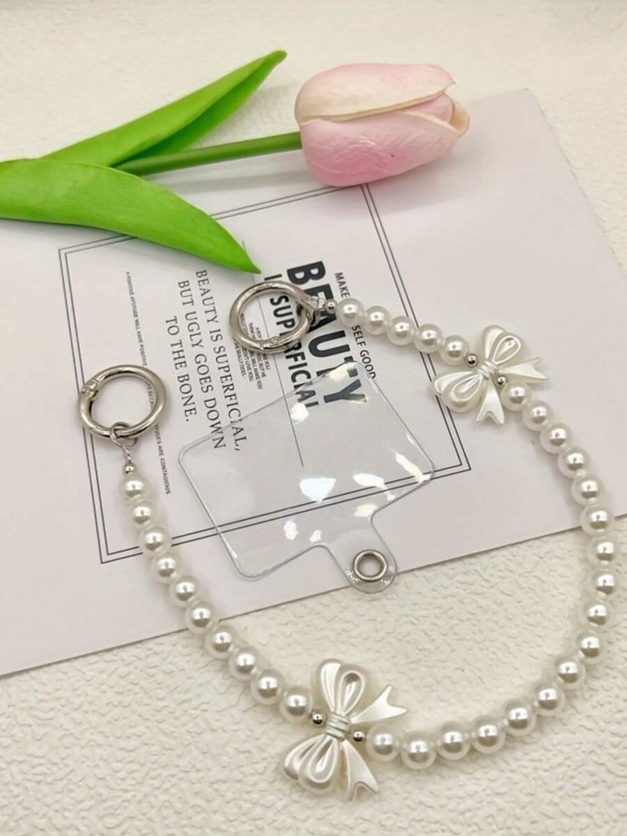 珍珠串珠手机挂绳，配蝴蝶结吊坠，设计优雅的手机腕带 - 白色 - 查看 1
