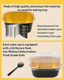 Moldes de papel de aluminio pequeños cuadrados para hornear, 50 unidades, charola desechable con tapa, contenedor para cupcakes, brownies, pasteles de queso, color dorado - Negro - - Ver 3
