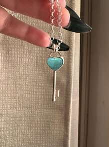 1 pieza Collar con colgante en forma de corazón de turquesa, collar de plata elegante y dulce para mujeres, adecuado para desgaste casual, fiesta y combinación diaria