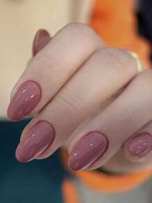 24pcs Oval-Shaped Full Cover Burgundy Red False Nails With 1pc Nail File & 1pc Jelly Gel, Press-On Nail Set Suitable For Girls & Women, Daily Wear & Summer Manicure