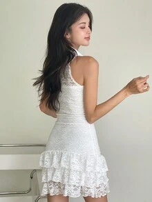 ARA CHIC Ladies' White Elegant Lace Ruffle Sleeveless Halter Bodycon Dress - Pure Desire Style Birthday & Vacation Dress - New Collection - White - View 8