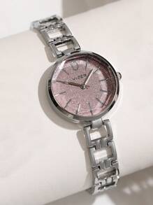 1 pieza Reloj de mujer con cara de diamante redonda, elegante y de moda. Correa de cadena de aleación versátil de acero. Reloj de cuarzo adecuado para fiestas, bodas y uso diario, el mejor conjunto de regalo para mujeres.