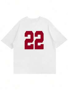 New Fashion Loose Fit Women Spring/Summer Casual Soft Round Neck Breathable Red Digit 22 Print Oversized T-Shirt - White - View 3