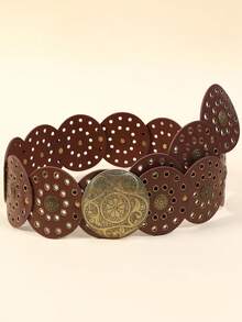 1pc Brown Bronze Rivet PU Round Buckle Fashionable Metal Oval Belt, Bohemian Style Suitable For Daily Use Fall, Autumn, Halloween - Round Brown - View 6