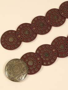 1pc Brown Bronze Rivet PU Round Buckle Fashionable Metal Oval Belt, Bohemian Style Suitable For Daily Use Fall, Autumn, Halloween - Round Brown - View 9