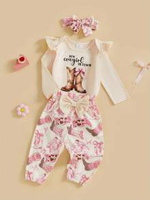 Conjunto de 3 piezas de pantalones para niñas pequeñas, mameluco de manga larga con estampado de letras y pantalones con estampado de caballos y botas, conjuntos de diadema - Caqui - Ver 2