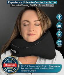 Almohada de viaje SNUGL - Almohadas de espuma de memoria - Almohada de cuello para avión con bolsa de transporte y clip - Almohadas de apoyo para el cuello para alivio del dolor - Accesorios de viaje para avión (adulto regular - negro) - Negro azabache - Ver 11