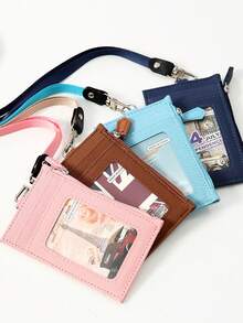 休闲仿皮卡包 - 1 件带挂绳的拉链证件包 - 无衬里可手洗女士钱包迷你钱包钱包学校用品卡包钱包返校用品 - 彩色 - 查看 1