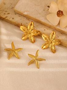 1 Pair Fashionable Unique Elegant Stainless Steel Starfish & Floral Design Stud Earrings For Women, Suitable For Daily Wear, Parties, Gatherings, Gift For Valentine's Day, Mother's Day